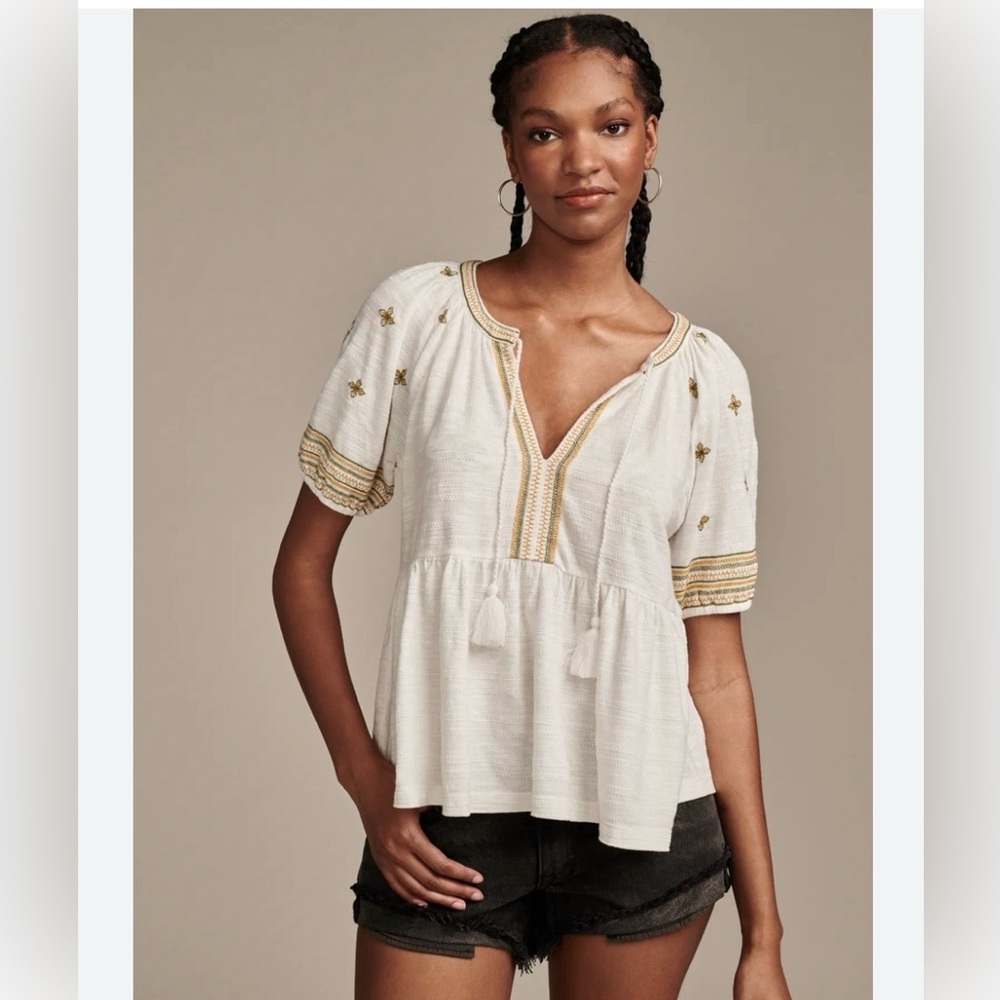 NWT Lucky Brand Babydoll Blouse with Gold & Green Embroidery